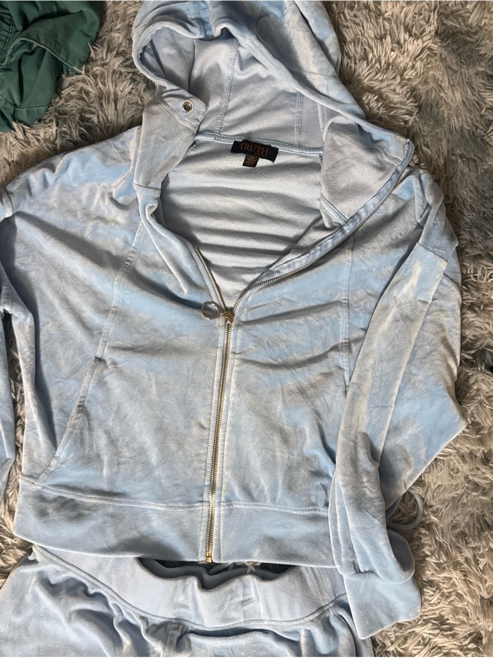 Truth Light Blue Velour Zip Hoodie with Gold Accent